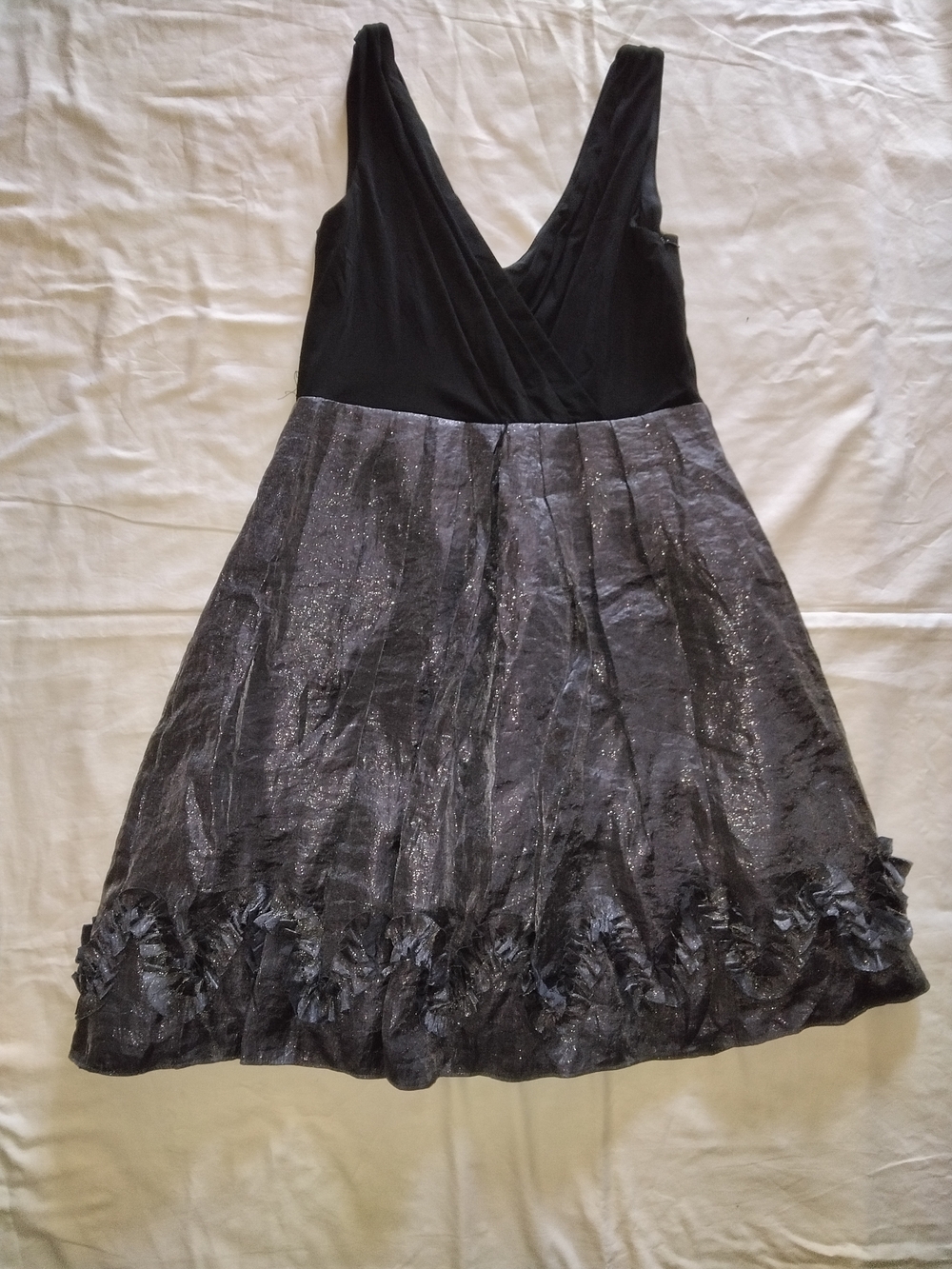 dressbarn Black V-Neck Party Dress with Shimmery Charcoal Skirt